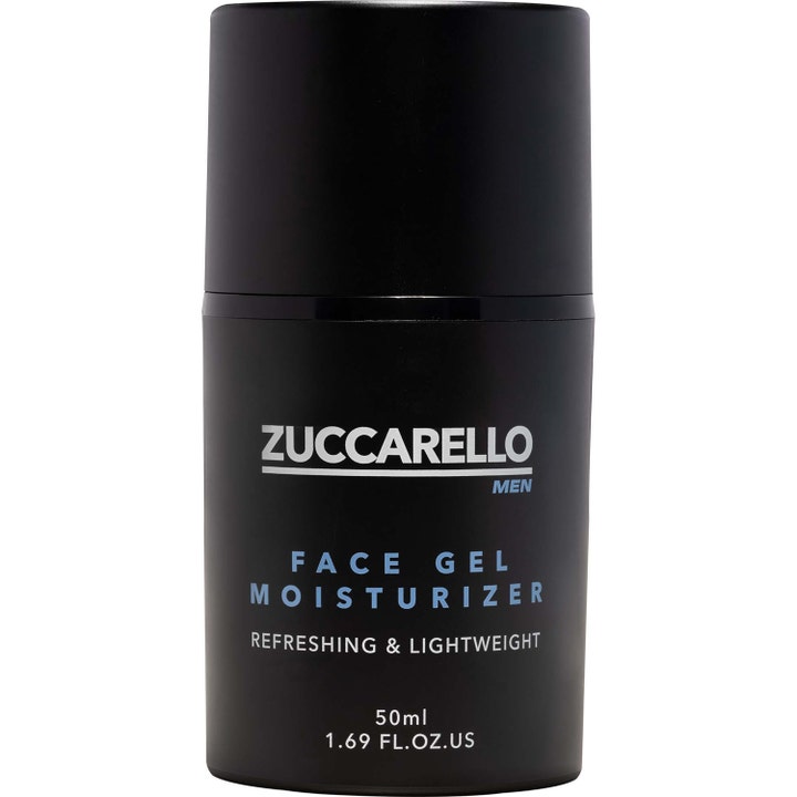 Zuccarello Face Gel Moisturizer 50 ml forfriskende ansiktsgelé i en matt sort sylindrisk beholder med hvit og blå tekst.