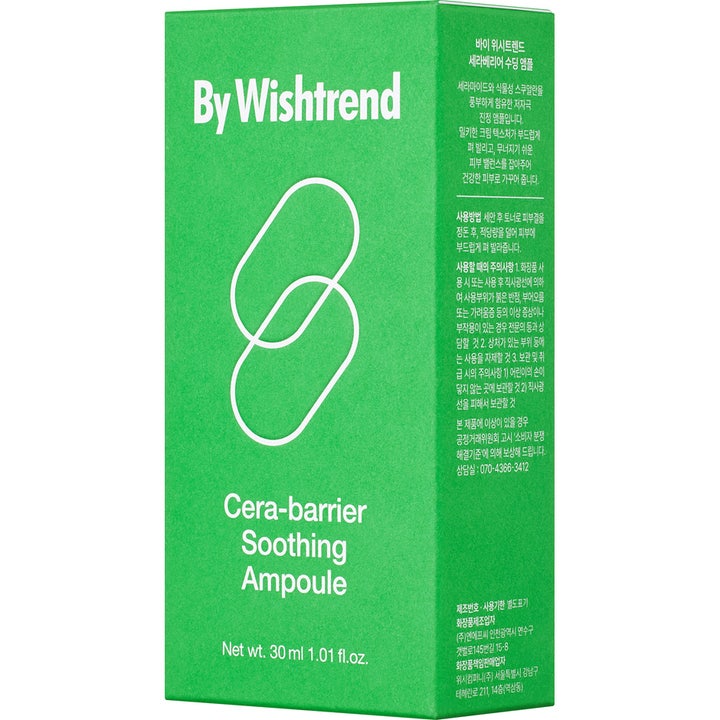 By Wishtrend Cera-barrier Soothing Ampoule 30 ml beroligende serum i grønn eske med hvit grafikk og tekst