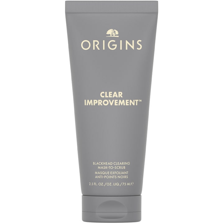 Origins Clear Improvement 75 ml eksfolierende ansiktsmaske i en matt grå tube med hvit tekst.
