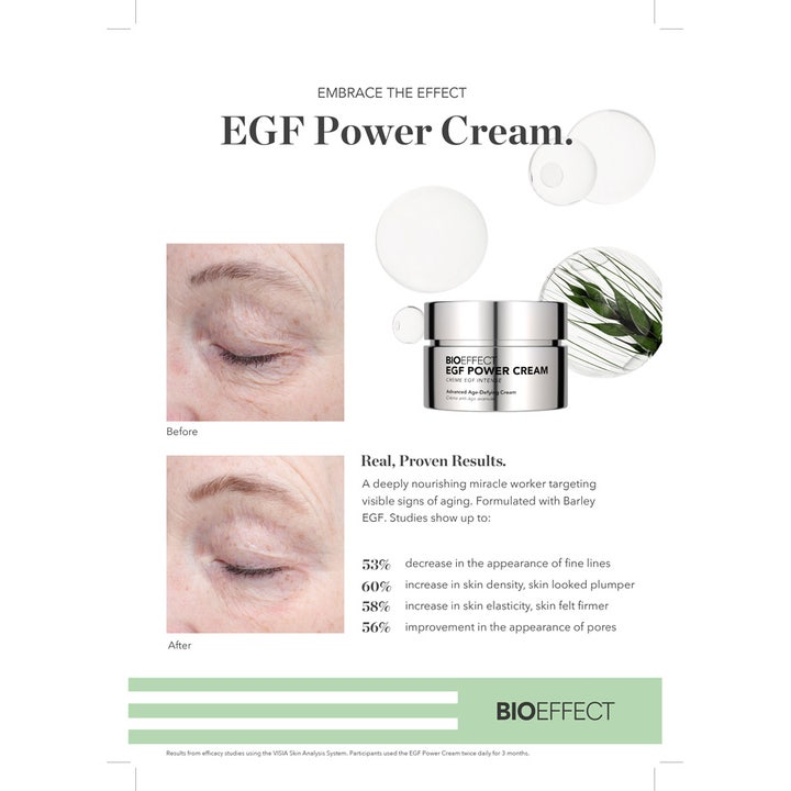 Bioeffect EGF Power Cream 50 ml ansiktskrem med før og etter bilder som viser reduserte rynker og linjer.