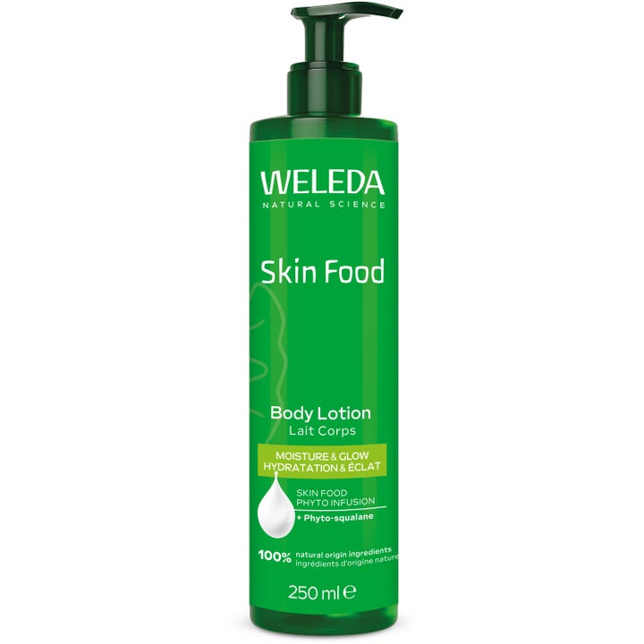 Weleda Skin Food Body Lotion 250 ml fuktighetskrem i grønn flaske med pumpe som gir huden glød.