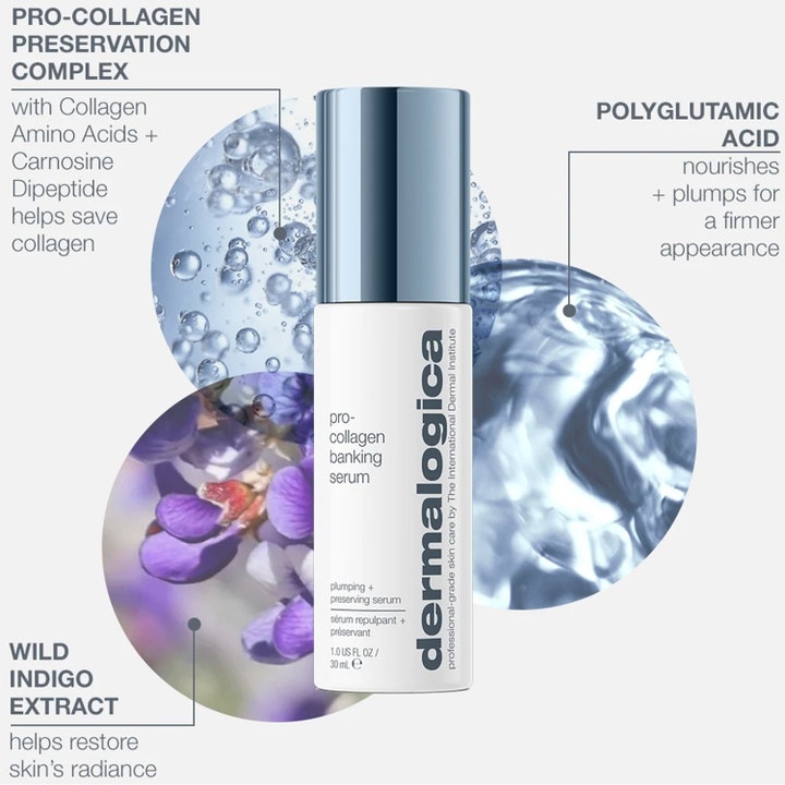 Dermalogica Pro-Collagen Banking Serum 30 ml plumpende serum vist med lilla blomster og fuktighetsgivende bobler.