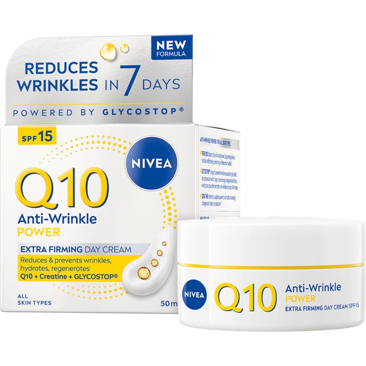 Nivea Q10 Anti-Wrinkle Power 50 ml dagkrem med SPF 15 reduserer rynker i hvit krukke og eske med gule detaljer