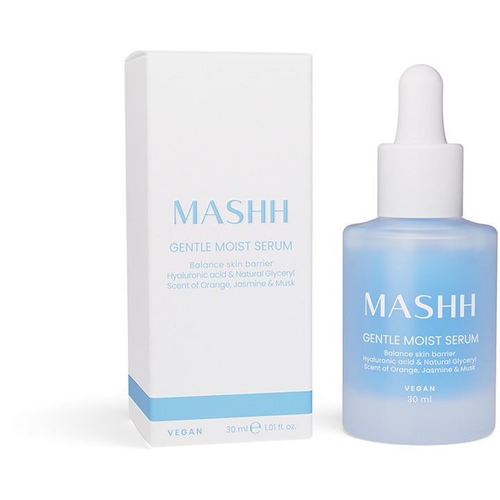 MASHH Gentle Moist Serum 30 ml vegansk ansiktsserum i lyseblå frostet glassflaske med hvit pipette og eske