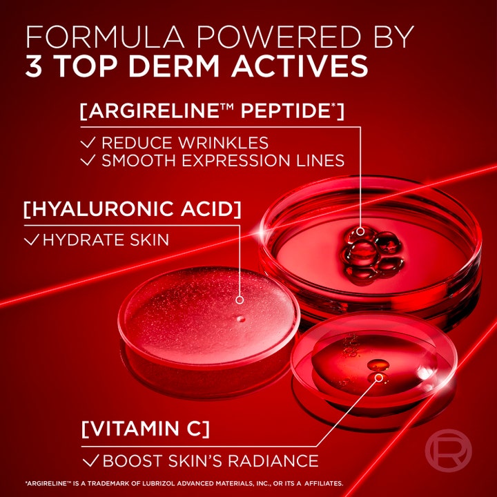 L'Oréal Paris Revitalift Laser 30 ml serum med hyaluronsyre og vitamin C vist i petri-skåler på rød bakgrunn.