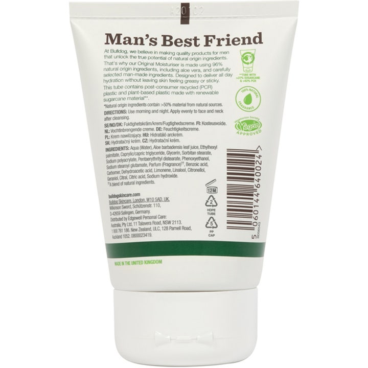 Bulldog Original Moisturiser 100 ml ansiktskrem baksiden av hvit tube med ingrediensliste og vegansk logo