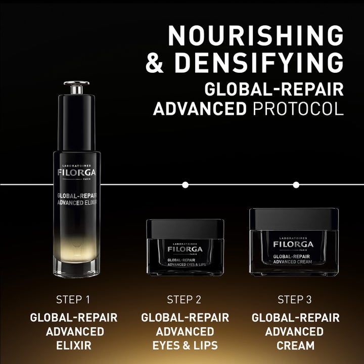 Filorga Global-Repair Advanced Eyes & Lips 15 ml reparerende øyekrem vist som steg 2 i en rutine i sort krukke.
