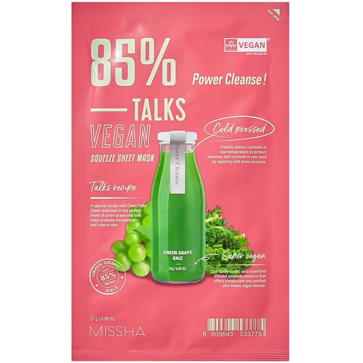 Missha Talks Vegan Squeeze Sheet Mask 27 g rensende ansiktsmaske gir klarere hud i rosa pakke med grønn juice.