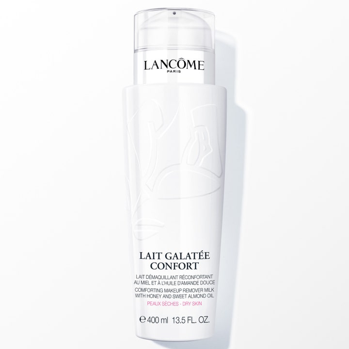 Lancôme Lait Galatée Confort 400 ml beroligende rensemelk med honning i hvit flaske med preget rose og klar pumpe.