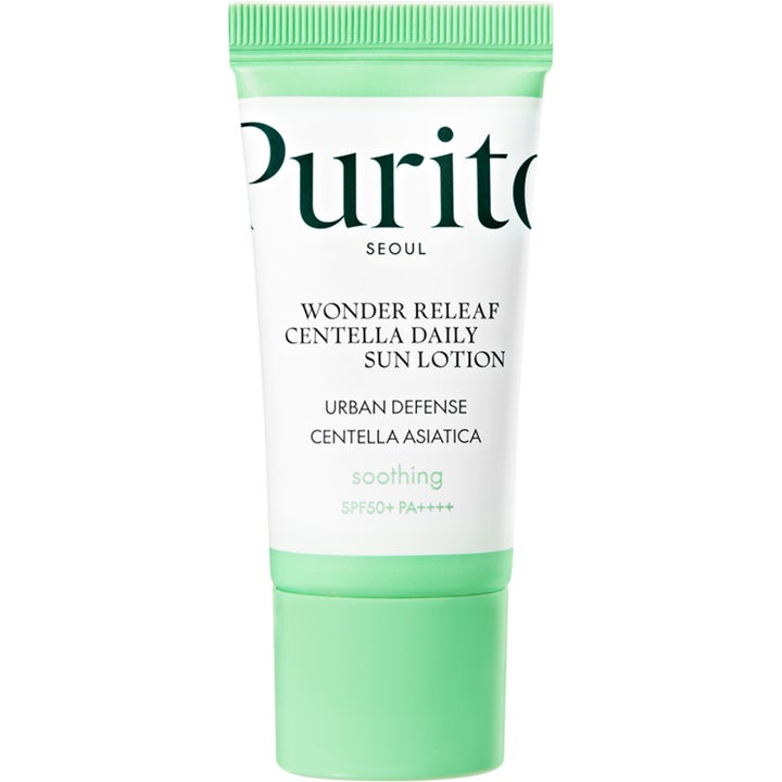 Purito Seoul Wonder Releaf Centella Daily Sun Lotion beroligende solkrem med SPF50 i hvit og mintgrønn tube