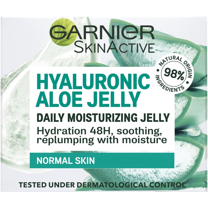Garnier Hyaluronic Aloe Jelly 50 ml fuktighetsgivende dagkrem i hvit eske med bilde av grønn aloe vera