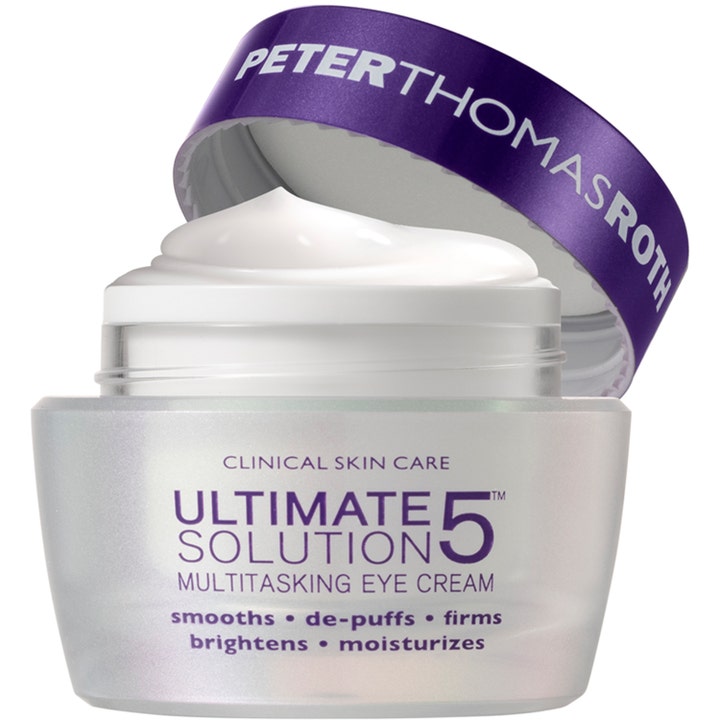 Peter Thomas Roth Ultimate Solution 5 Eye Cream 15 ml øyekrem i frostet krukke med hvit, kremet tekstur.