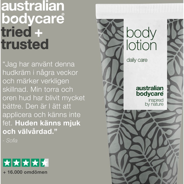 Australian Bodycare Body Lotion 200 ml pleier tørr hud vist med en femstjerners kundeanmeldelse og bladmønster.