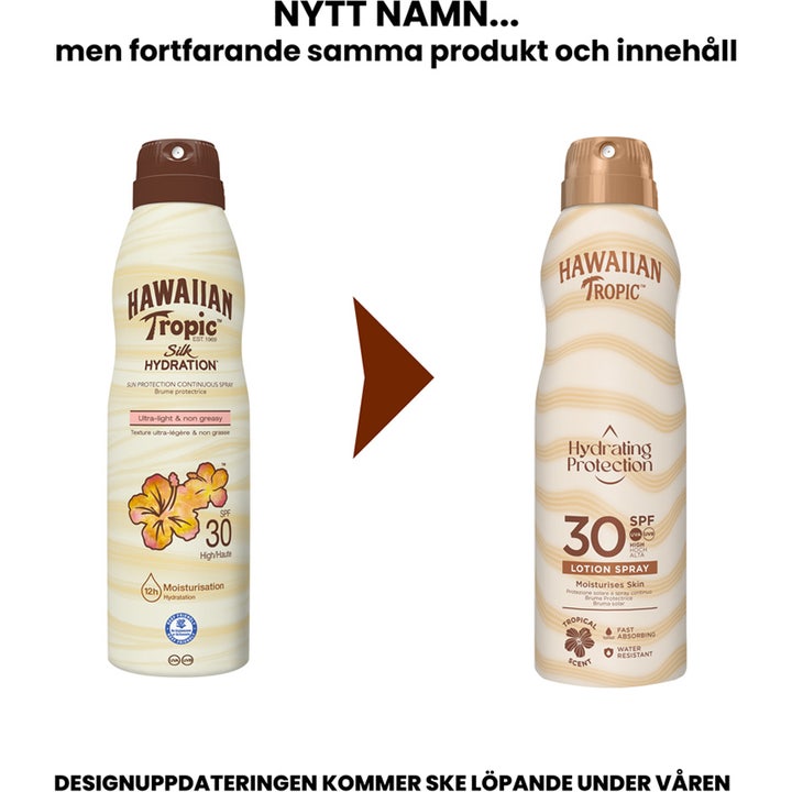 Hawaiian Tropic Hydrating Protection Lotion Spray SPF 30 177 ml solkrem viser overgang fra gammelt til nytt design.
