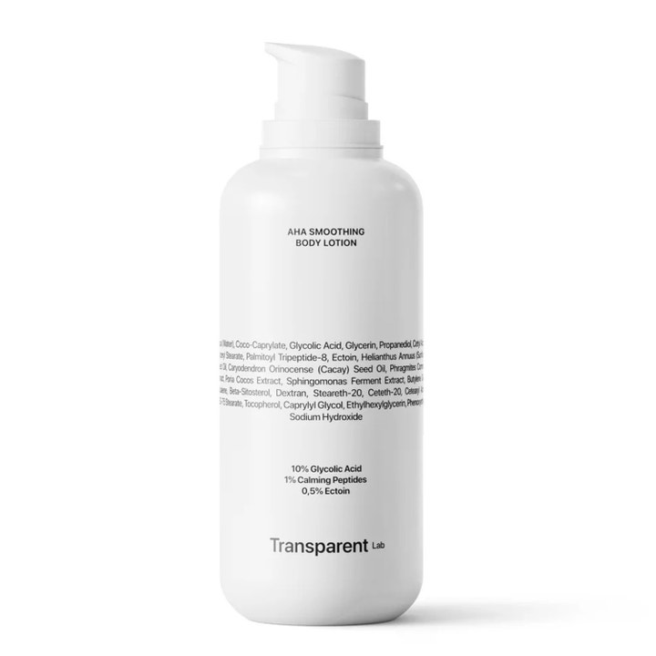 Transparent Lab AHA Smoothing Body Lotion eksfolierende kroppspleie i hvit pumpeflaske med glykolsyre som gir glatt hud.