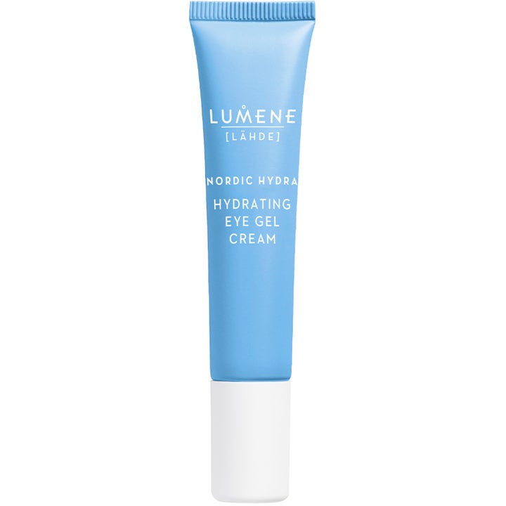 Lumene Nordic Hydra Hydrating Eye Gel Cream fuktighetsgivende øyekrem i lyseblå tube med hvit skrukork.