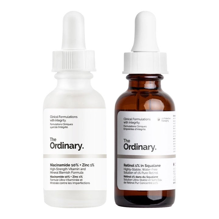The Ordinary Niacinamide og Retinol 1% 30 ml serum mot urenheter i hvit frostet og brun ravfarget glassflaske med pipette