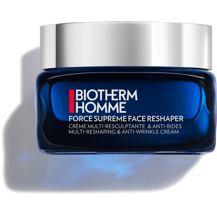 Biotherm Homme Force Supreme Face Reshaper 50 ml oppstrammende ansiktskrem mot rynker i blå glasskrukke med sølvlokk.