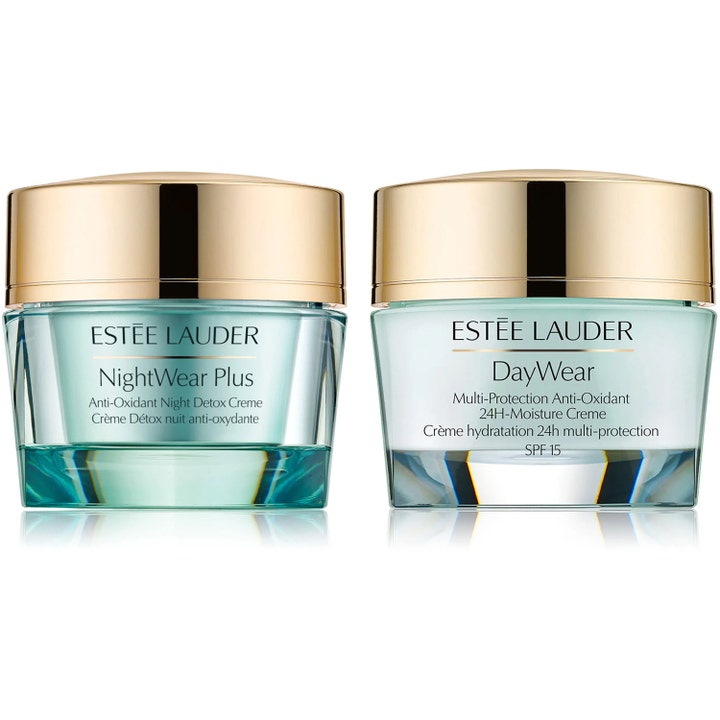 Estée Lauder NightWear Plus og DayWear fuktighetsgivende ansiktskremer i lysegrønne glasskrukker med gulllokk