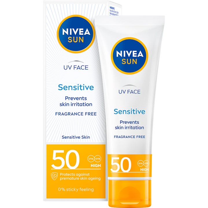 Nivea Sun UV Face Sensitive SPF 50 solkrem for ansiktet som beskytter sensitiv hud i hvit tube med gul kork og eske