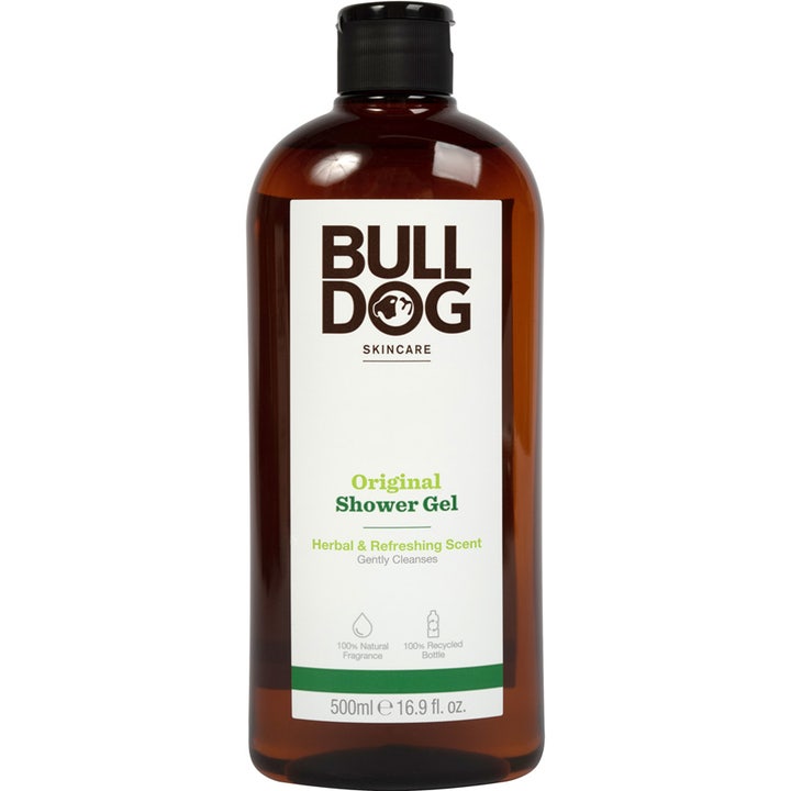 Bulldog Original Shower Gel 500 ml oppfriskende kroppsvask i en brun gjennomsiktig flaske med hvit etikett