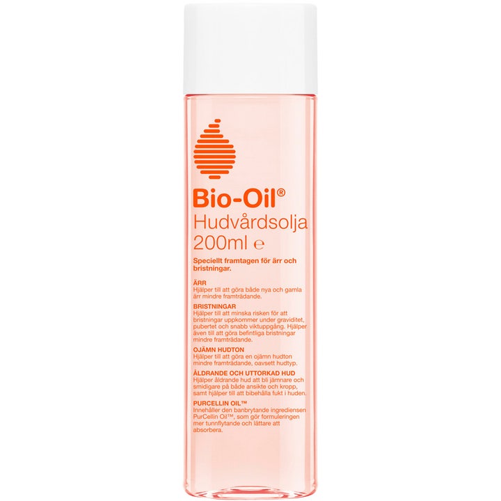 Bio-Oil Hudpleieolje 200 ml motvirker arr og strekkmerker ferskenfarget olje i klar plastflaske med hvitt lokk.