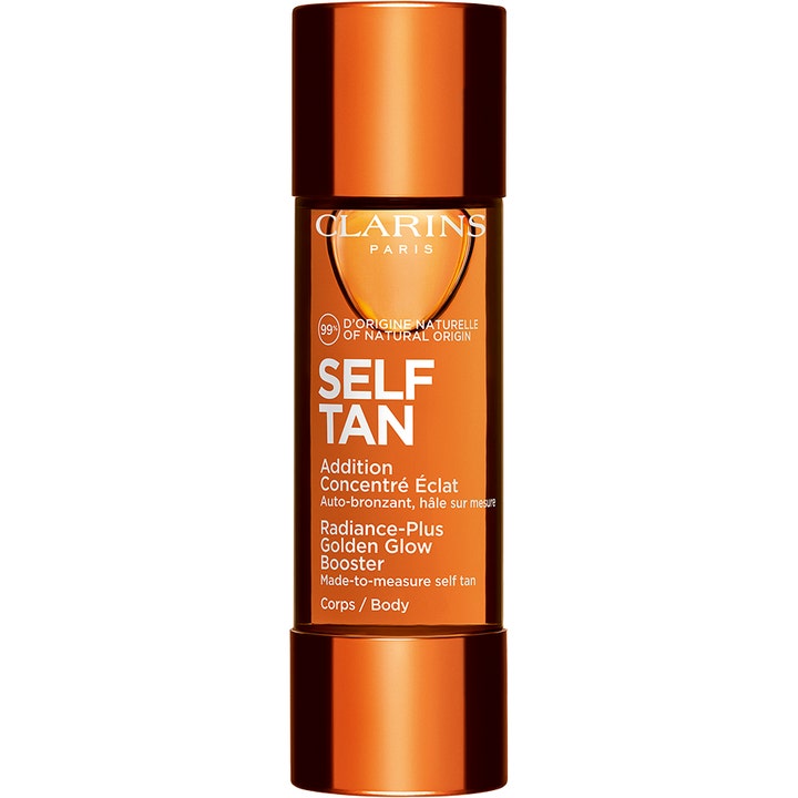 Clarins Radiance-Plus Golden Glow Booster Body 30 ml selvbruningsdråper gir glød i en oransje glassflaske med kobberlokk.