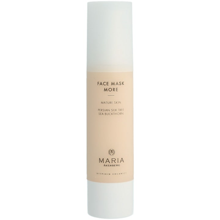 Maria Åkerberg Face Mask More oppstrammende ansiktsmaske i hvit sylindrisk flaske med beige etikett og frostet kork.