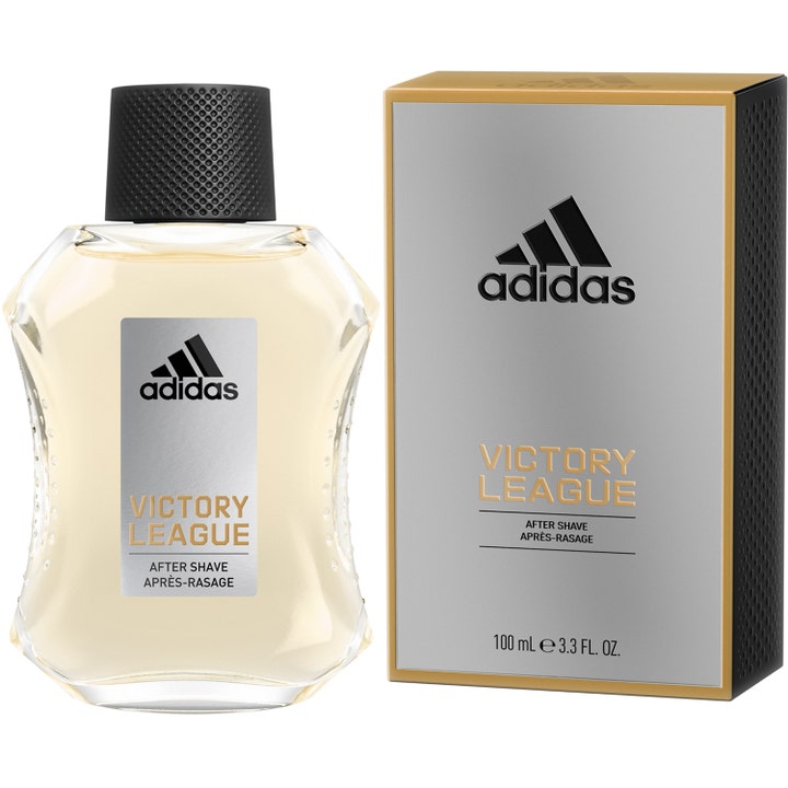 Adidas Victory League For Him 100 ml after shave beroliger huden i glassflaske med sort kork og sølvfarget eske.