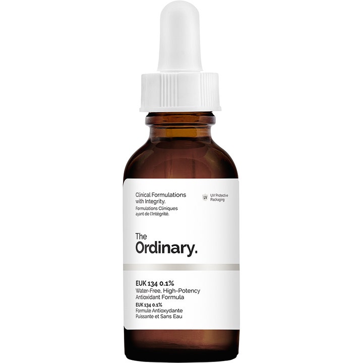 The Ordinary EUK 134 0.1% 30ml beskyttende antioksidantserum i en mørk glassflaske med hvit pipette