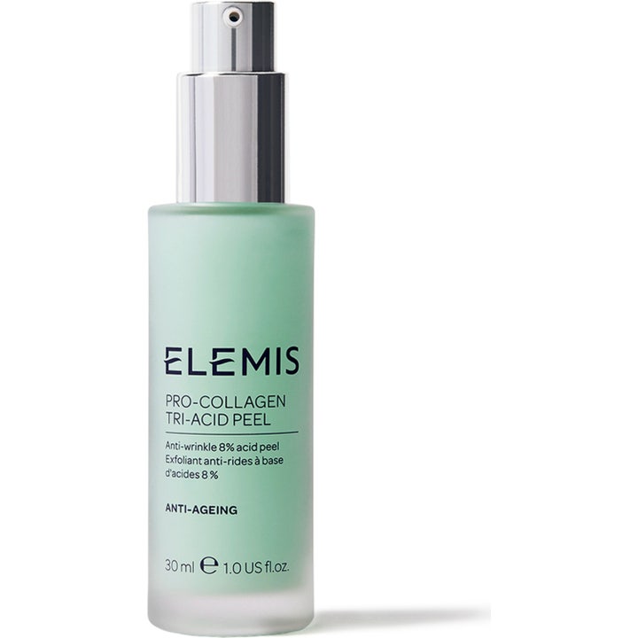 Elemis Pro-Collagen Tri-Acid Peel 30 ml eksfolierende peeling mot rynker i frostet glassflaske med sølvpumpe.