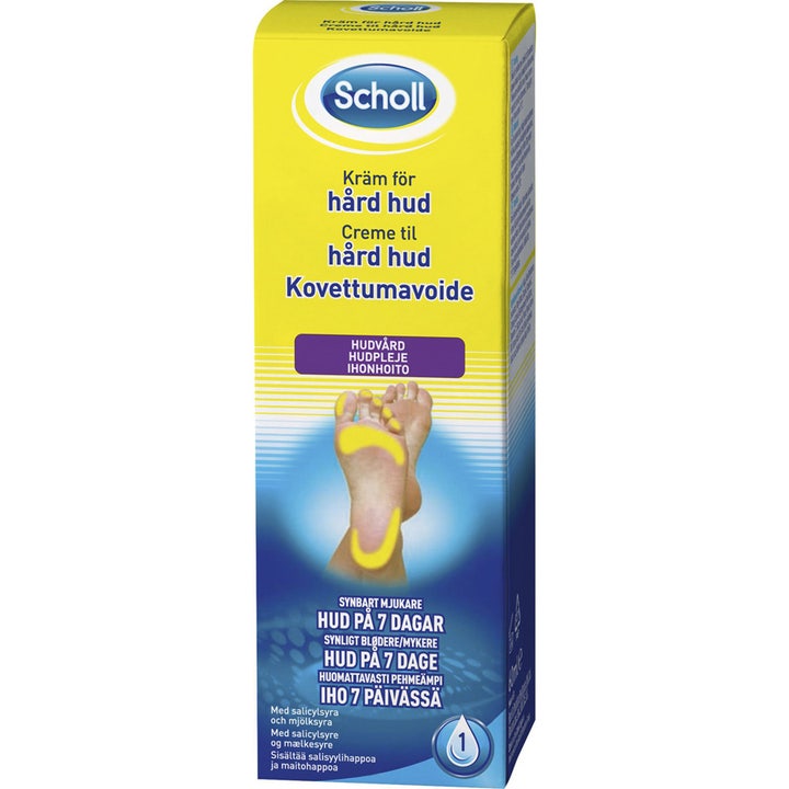 Scholl Krem for hard hud eksfolierende fotkrem med salisylsyre i gul og blå eske med illustrasjon av en fot