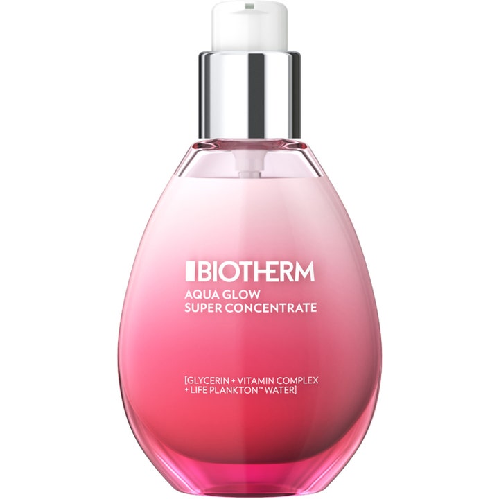 Biotherm Aqua Glow Super Concentrate 50ml fuktserum gir glød i en rosa dråpeformet glassflaske med sølvpumpe.