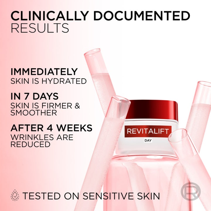 L'Oréal Paris Revitalift Day Cream 50 ml oppstrammende dagkrem i krukke med rødt lokk og tekst om kliniske resultater