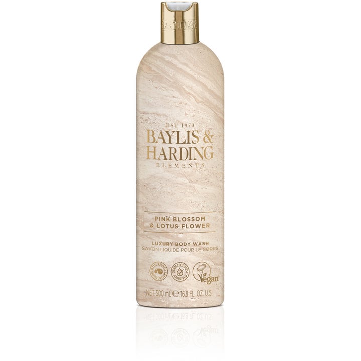 Baylis & Harding Elements Pink Blossom & Lotus Flower 500ml kroppssåpe i rosa marmormønstret flaske med gullkork.