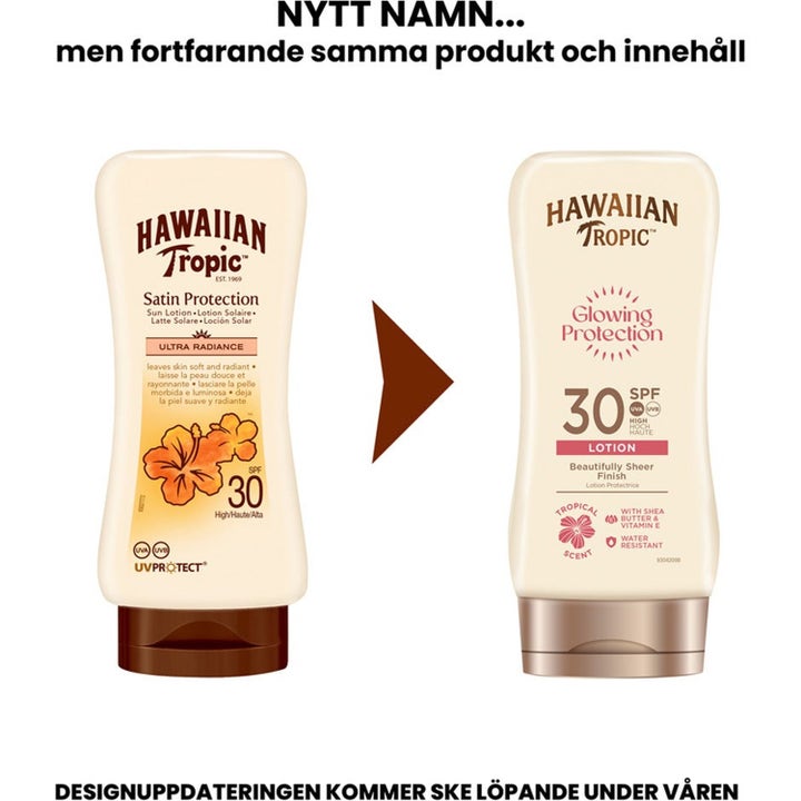 Hawaiian Tropic Satin Protection solkrem SPF 30 gir glød vist i to beige flasker med nytt og gammelt design