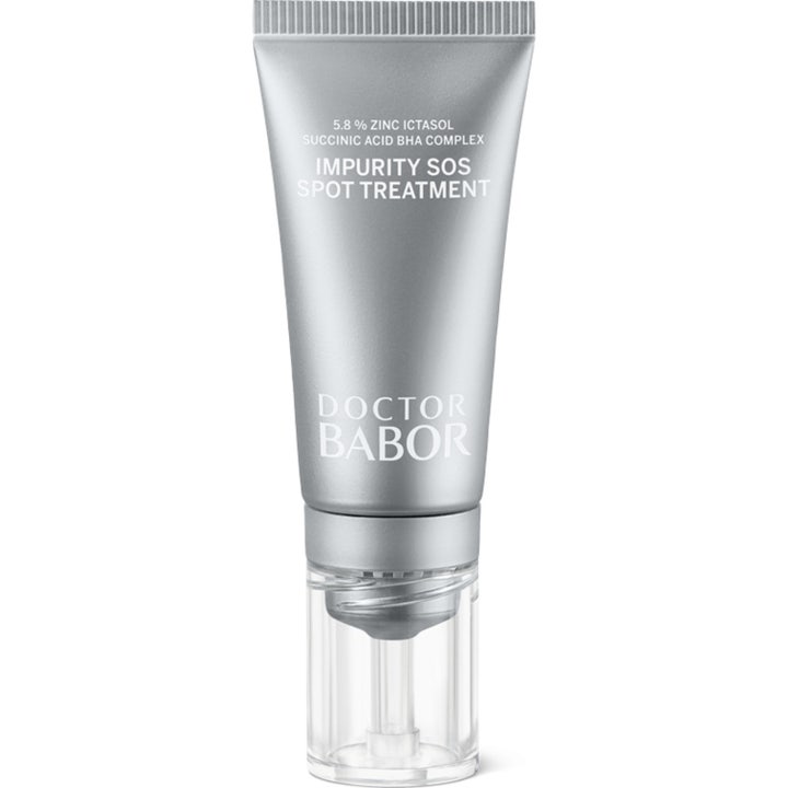 Doctor Babor Impurity SOS Spot Treatment med sink og BHA mot urenheter i sølvfarget tube med klar applikator