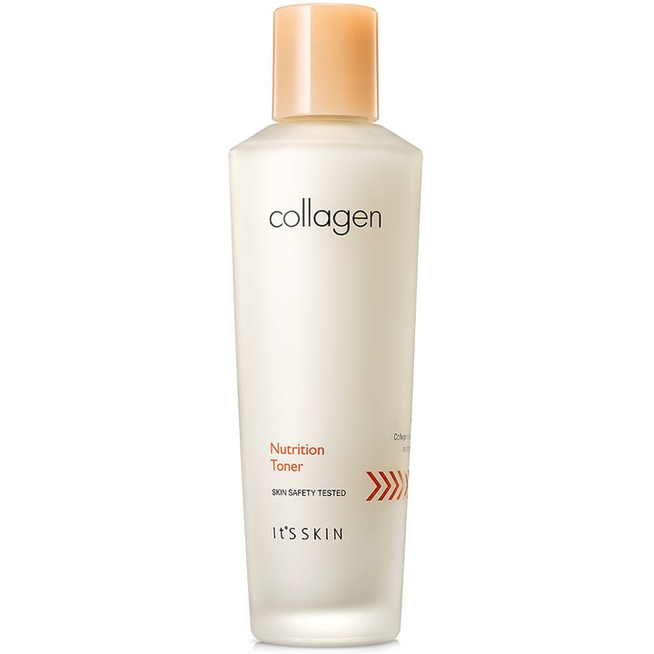 It'S SKIN Collagen Nutrition Toner 150 ml næringsgivende ansiktsvann i frostet flaske med ferskenfarget kork.
