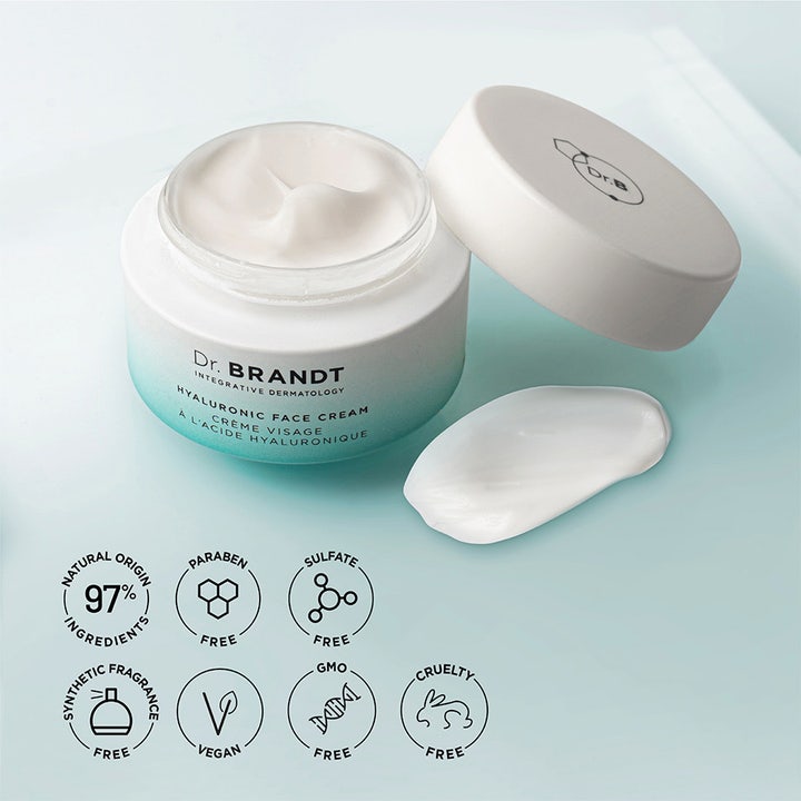 Dr Brandt Hyaluronic Face Cream 50 g fuktighetsgivende ansiktskrem i krukke med hvit tekstur og veganske symboler.