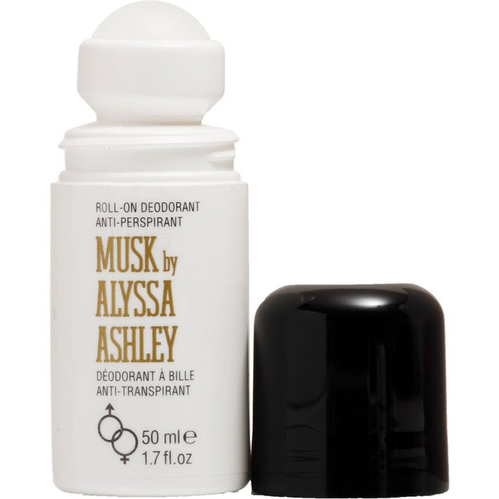 Alyssa Ashley Musk Roll-On Deodorant 50 ml anti-perspirant i hvit flaske med gullskrift og sort kork