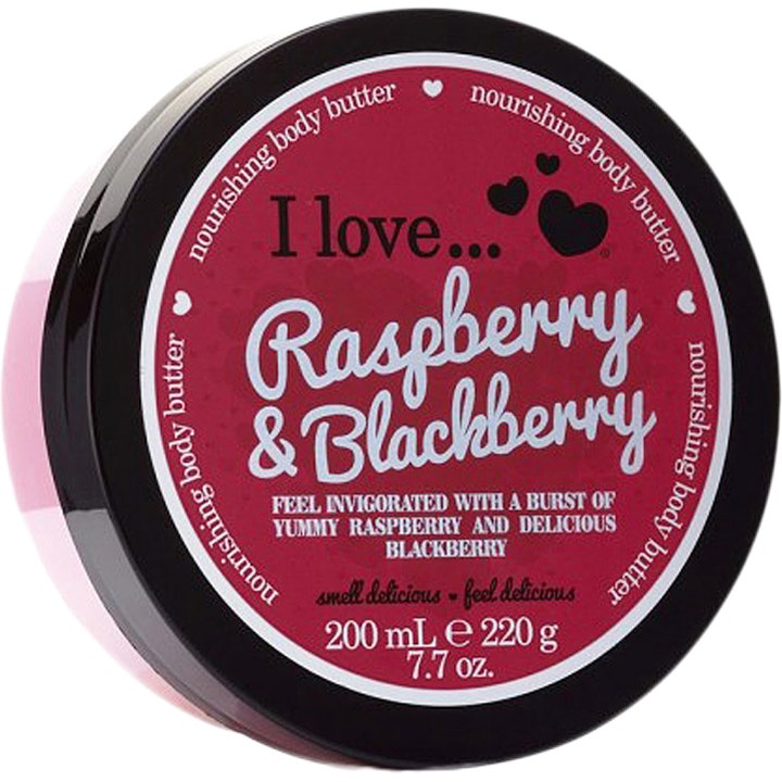 I love... Raspberry & Blackberry 200 ml nærende body butter i en rund krukke med svart lokk og rød etikett med hjerter