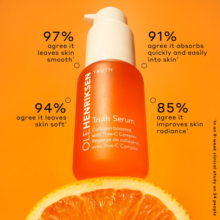 Ole Henriksen Truth Serum 30 ml glødgivende vitamin C serum i oransje flaske med testresultater og appelsinskive.