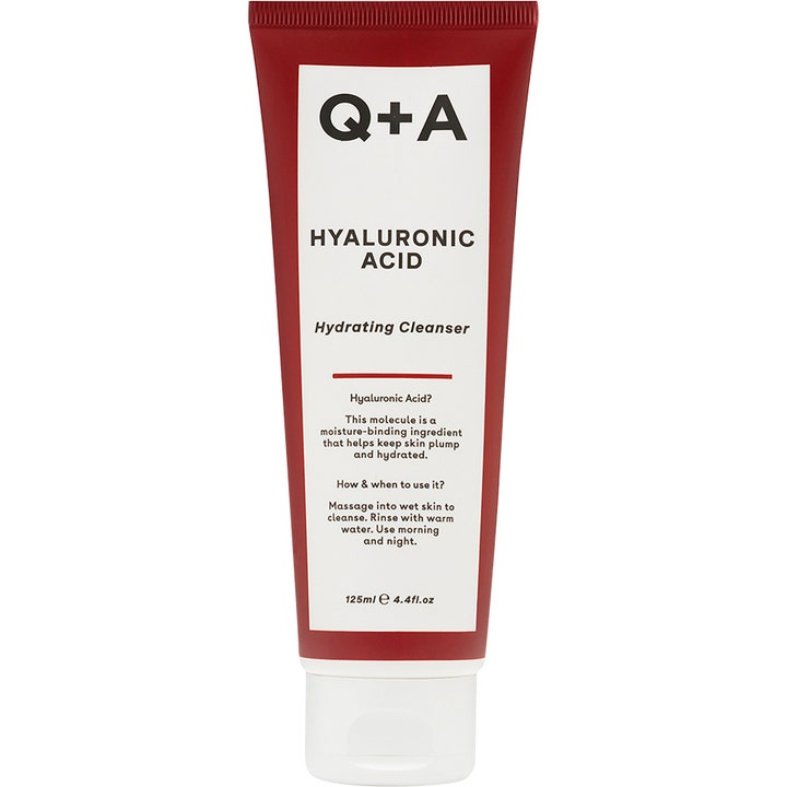 Q+A Hyaluronic Acid Hydrating Cleanser 125 ml ansiktsrens som gir fuktighet i rød tube med hvit etikett og hvit kork