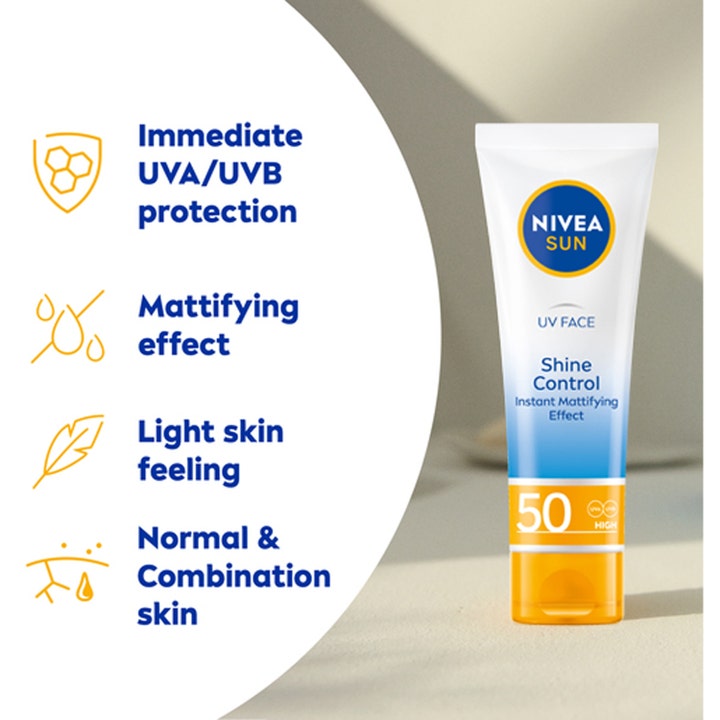 NIVEA Sun UV Face Shine Control Cream 50 ml mattende solkrem i hvit tube med SPF 50 og gult lokk for ansiktet
