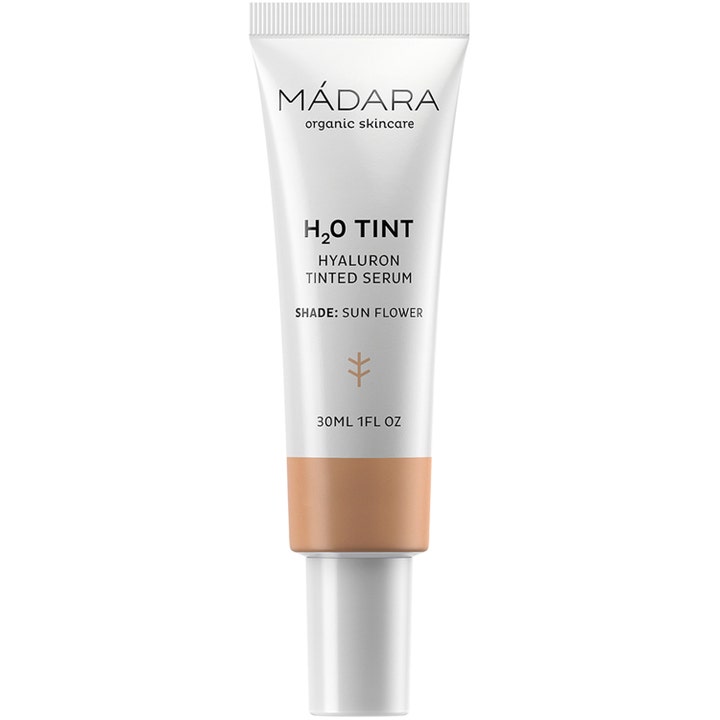 Mádara H2O Tint 30 ml fuktighetsgivende serum i hvit tube som gir glød med nyanse Sun Flower