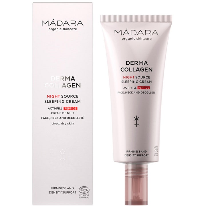 MÁDARA Derma Collagen Night Source Sleeping Cream 70 ml nattkrem med peptider i hvit eske og tube med pumpe.