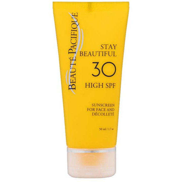 Beauté Pacifique Stay Beautiful 50 ml solkrem med SPF 30 i gul tube som gir beskyttelse for ansikt og bryst.
