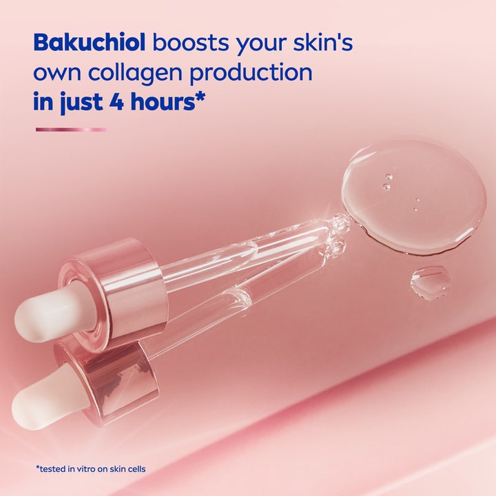 NIVEA Cellular Expert Lift 3-zone Lift Serum 30 ml med bakuchiol som øker kollagen vist med pipetter og klare dråper.