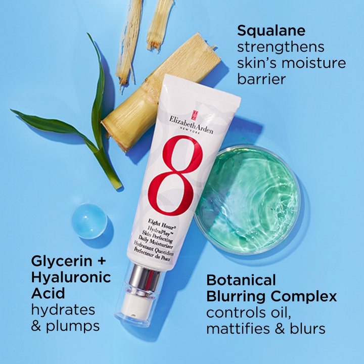 Elizabeth Arden Eight Hour Hydraplay 45 ml fuktighetskrem med squalane, glyserin og hyaluronsyre på blå bakgrunn.