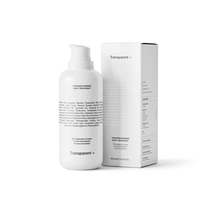 Niche Beauty Lab Transparent Lab Ceramide Barrier Body Treatment 400 ml body lotion i hvit pumpeflaske og eske